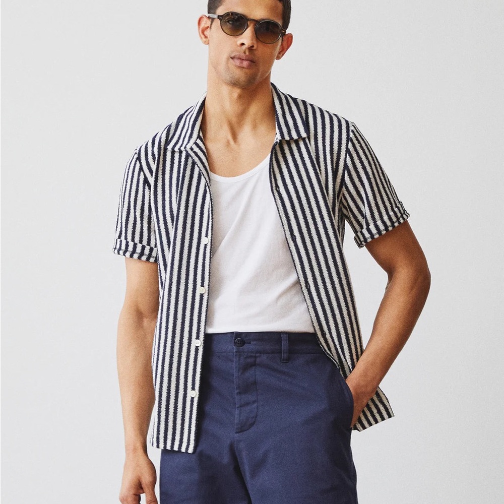 Todd Snyder Navy and White Striped Cabana polo boucle classic shirt
